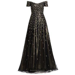Rene Ruiz Collection Metallic Embellished Off-The-Shoulder Gown - Black and Meta